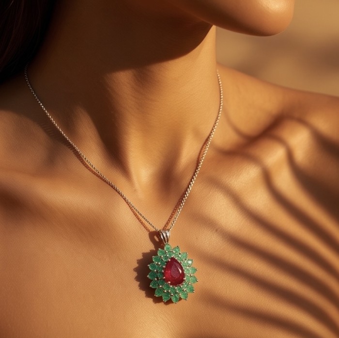 Rose Garden - authentic 10.5 carat Ruby Emerald rhodium over .925 Sterling Silver handcrafted Pendant - Necklace worn showcasing Ruby Emerald pendant against skin.