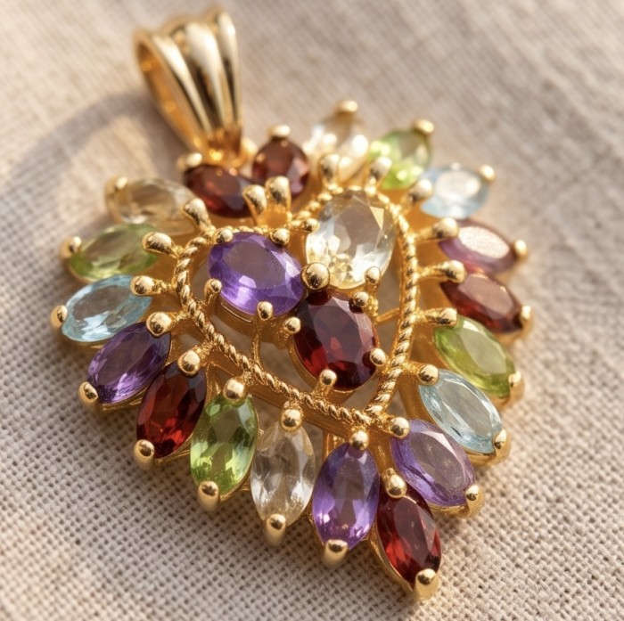 Colorful Love Precious 18.5 carat natural Multigem 18k Gold over .925 Sterling Silver Statement Pendant - Colorful multigem 18k gold pendant close-up on textured fabric background.