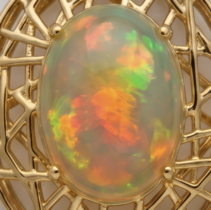 Earth Treasure Authentic 12.8 carat Golden Ethiopian Opal 22K Gold over .925 Sterling Silver handcrafted Statament Necklace - Close-up of 12.8 carat Golden Ethiopian Opal in gold setting