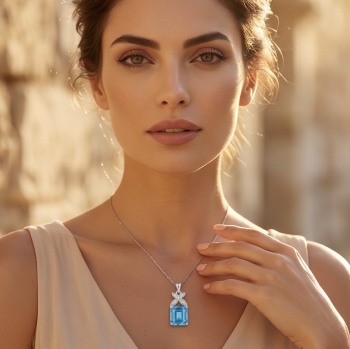 Stella 4.3 carat Swiss Blue Topaz .925 Sterling Silver dipped in rhodium handcrafted Pendant - Woman wearing Stella blue topaz pendant, front view, natural light.