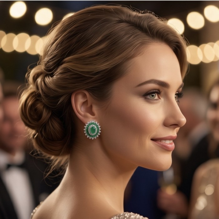 Art deco - Natural 2.8 carat Colombian Emerald .925 Sterling Silver Handcrafted Earrings - Side view of a woman wearing art deco Colombian emerald earrings.