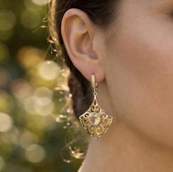 Giovanna - Authentic 5.9 carat Brazilian Citrine .925 Sterling Silver dipped in 18k Gold handcrafted earrings - Citrine earring worn on ear, side view with bokeh background.