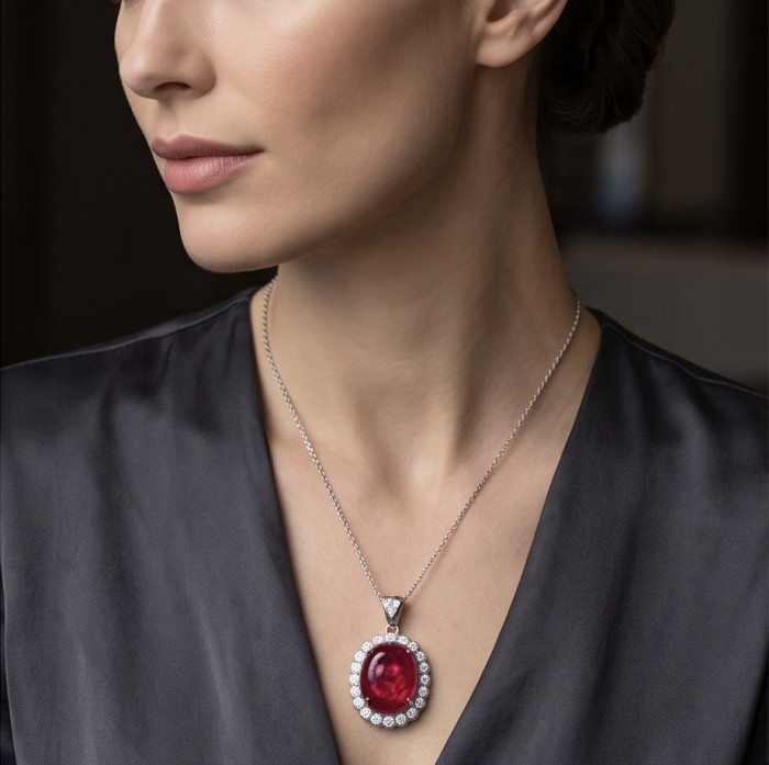 Rare finding! Deluxe 57.2 carat authentic Kashmir Ruby rhodium over .925 Sterling Silver handmade Statement Pendant - Side view of deluxe 57.2 carat Kashmir Ruby necklace on model.
