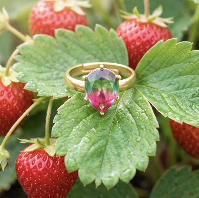 6.8 carat Brazilian Tourmaline .925 Sterling Silver dipped in 18K Gold Perfectly handcrafted Ring s. 8 - Tourmaline ring on strawberry leaf, gemstone close-up angle.