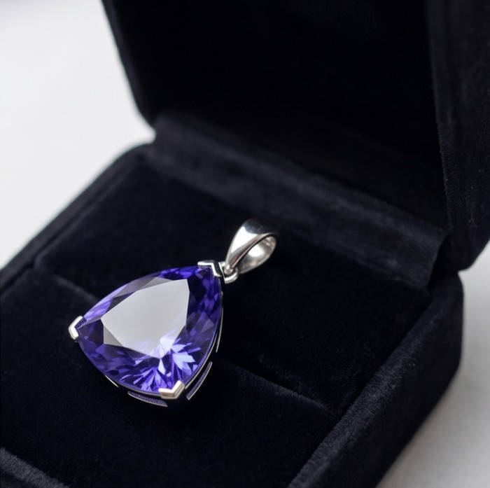 Fancy Trillion Cut Perfect 20.5 carat natural Tanzanite .925 Sterling Silver handcrafted Pendant - Close-up of a fancy trillion cut tanzanite pendant in a jewelry box.