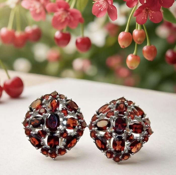 María Rosa - Real Art - Natural 20.2 carat Garnet from India .925 Sterling Silver handcrafted Large Statement earrings - Close-up of garnet earrings with floral background