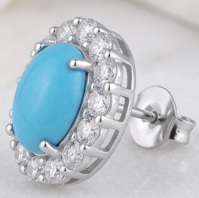 Blue Dreamland - Luxurious stabilized Turquoise .925 Sterling Silver handcrafted Earrings - Close-up of Blue Dreamland turquoise stud earring with silver setting.