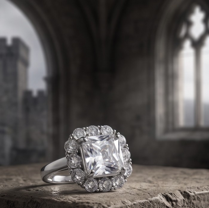 Princess cut 8.4 carat White Topaz rhodium over .925 Silver handcrafted Cocktail Ring s. 7 1/4 - Princess cut white topaz ring on stone surface, close-up.