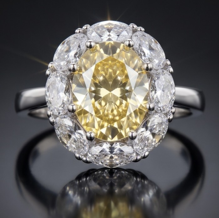 Splendid emerald cut 10.2 carat yellow Sapphire .925 Sterling Silver brilliantly handcrafted ring s. 9 1/4 - Close-up of emerald cut 10.2 carat yellow sapphire ring with diamonds