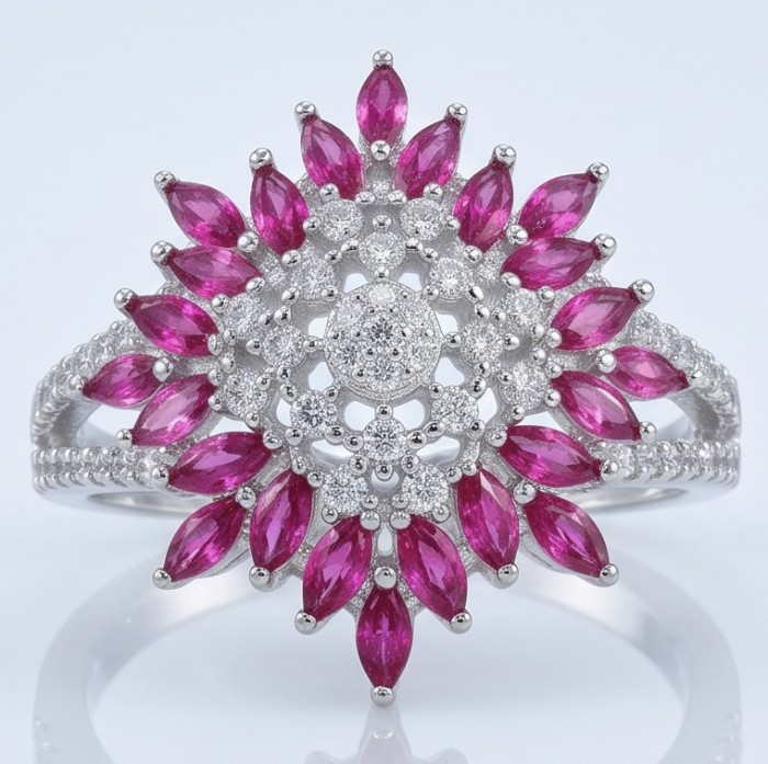 Scarlett 2.4 ctw Mozambique Ruby .925 Sterling Silver handcrafted Statement Ring size 8 - Ruby floral ring in sterling silver, front view close-up.