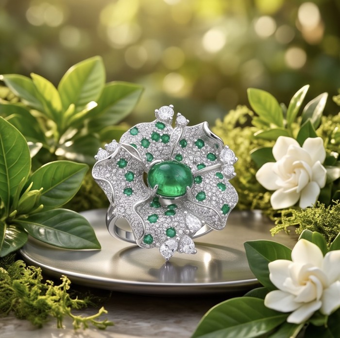 Dolce Vita 4.2 carat Colombian Emerald .925 Sterling Silver dipped in rhodium handmade Cocktail Ring s. 7 - Close-up of Dolce Vita 4.2 carat emerald ring on a decorative plate.