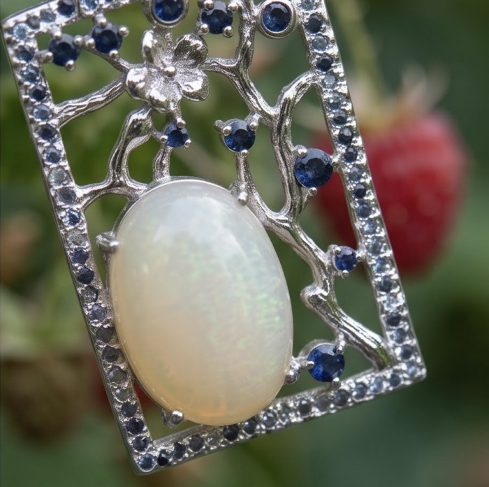 Genuine 7.2 carat Fire Moonstone rhodium over .925 Sterling Silver handcrafted pendant - Fire Moonstone pendant close-up with sapphire accents in nature.