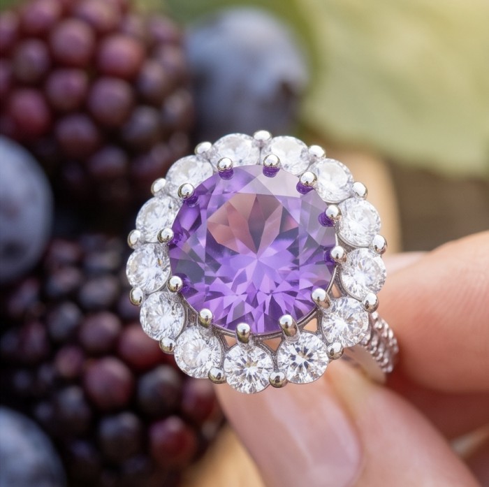 Born to Glam 8.2 carat natural Amethyst .925 Sterling Silver dipped in rhodium Perfectly handcrafted Ring s. 7 - Close-up of amethyst ring with halo setting held by fingers