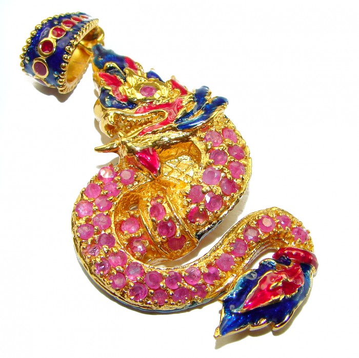 INCREDIBLE Natural Ruby Emerald Enamel Dragon 18K Gold over .925 Sterling Silver handcrafted Pendant - photo 3