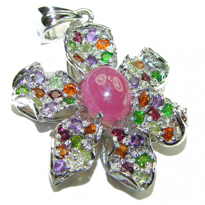 Unique Floral design 5.2 carat Ruby Tourmaline .925 Sterling Silver handmade Pendant - photo 3