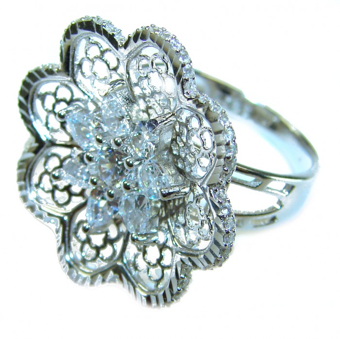 Aphrodite - 2.6 carat White Topaz .925 Sterling Silver handcrafted ring size 7 - Floral ring close-up of Aphrodite with topaz stone in sterling silver.