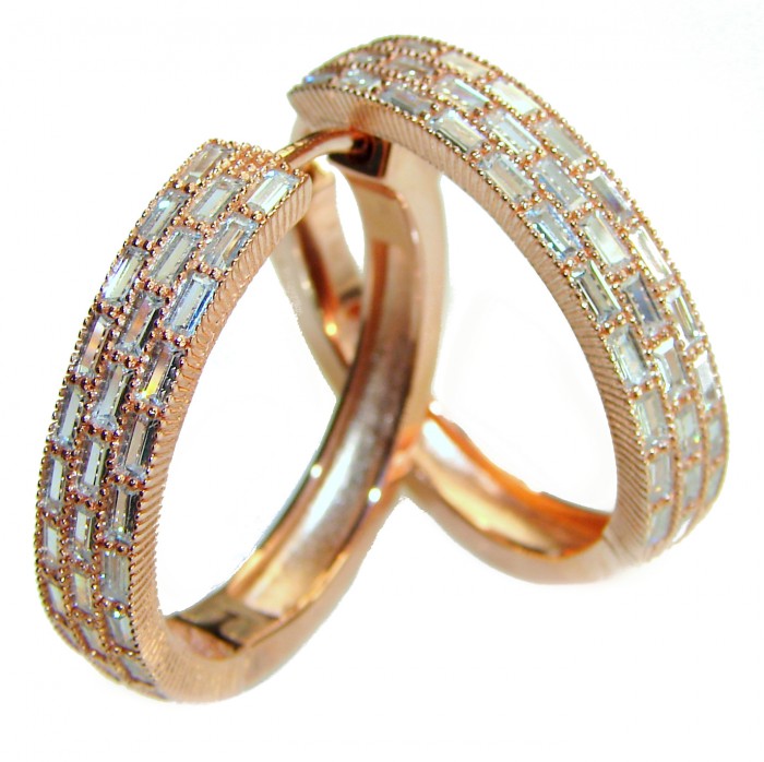 Allure Natural 12.2 carat White Topaz .925 Sterling Silver dipped in Rose Gold handcrafted hoop earrings - Pair of rose gold hoop earrings with white topaz, angled view.