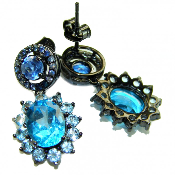 Atlantica 10.7 carat Swiss Blue Topaz .925 Sterling Silver dipped in black rhodium Handcrafted Statement earrings - Atlantica Blue Topaz Sterling Silver earrings, close-up detail view.