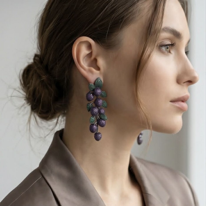Summer Garden authentic 24.2 carat Amethyst Chrome Diopside .925 Sterling Silver dipped in black rhodium handcrafted earrings - Side view of woman wearing Summer Garden Amethyst Diopside earrings.