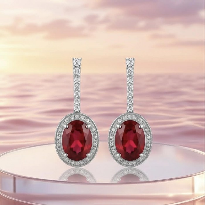 Clarissa - authentic 27.4 carat Ruby .925 Sterling Silver dipped in rhodium handcrafted Statement earrings - Ruby earrings with diamond accents against a sunset background.