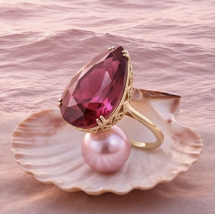 Carmen Natural 25.4 carat Ruby .925 Sterling Silver dipped in 22K Gold handmade Large Statement Ring size 6 - Gold ring with large ruby on seashell background, side view.