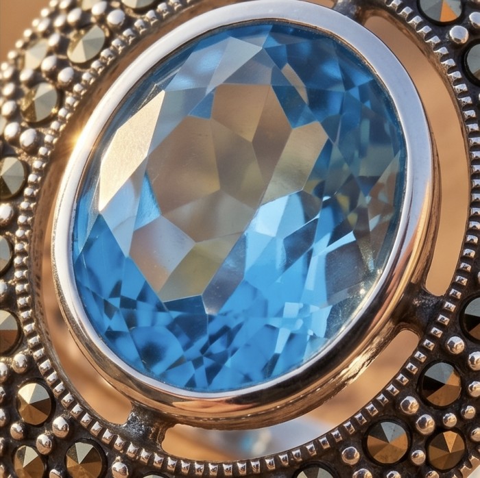 Dolce Vita 25.3 carat genuine Swiss Blue Topaz .925 Sterling Silver dipped rhodium handcrafted Large ring size 6 - Close-up of 25.3 carat Swiss Blue Topaz in decorative setting