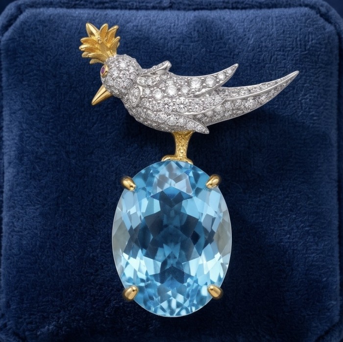 Bird on a Rock - Iconic design- Genuine 28.5 carat Aquamarine 18K Gold over .925 Sterling Silver handmade Pendant - Brooch - Bird on a Rock pin with aquamarine stone, front view on velvet background.