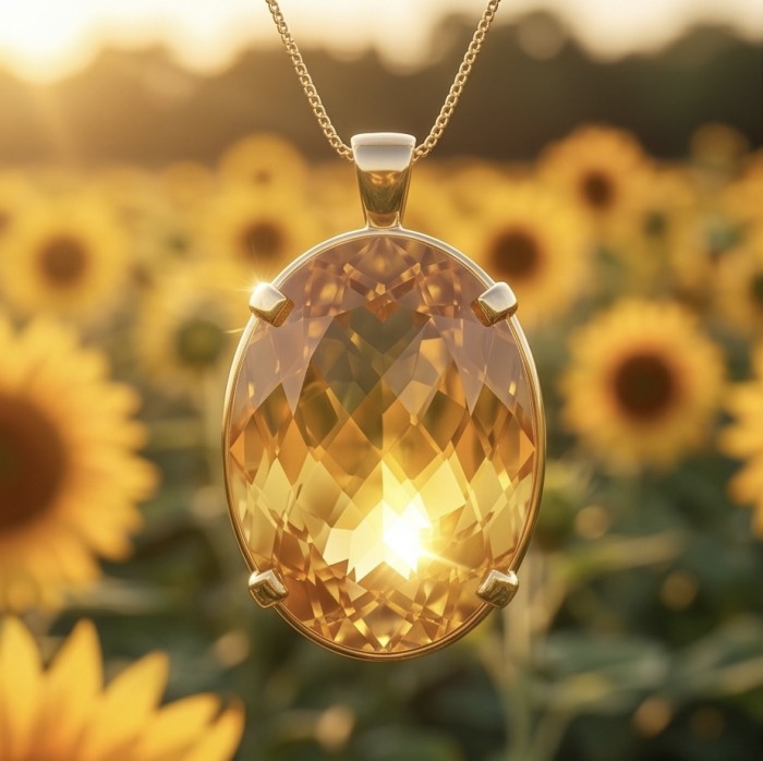 Luxury genuine 39.7 CARAT oval fancy cut Champagne Topaz .925 Sterling Silver dipped in 22K Gold handmade Pendant - Close-up of luxury oval fancy cut Champagne Topaz pendant in sunflowers.