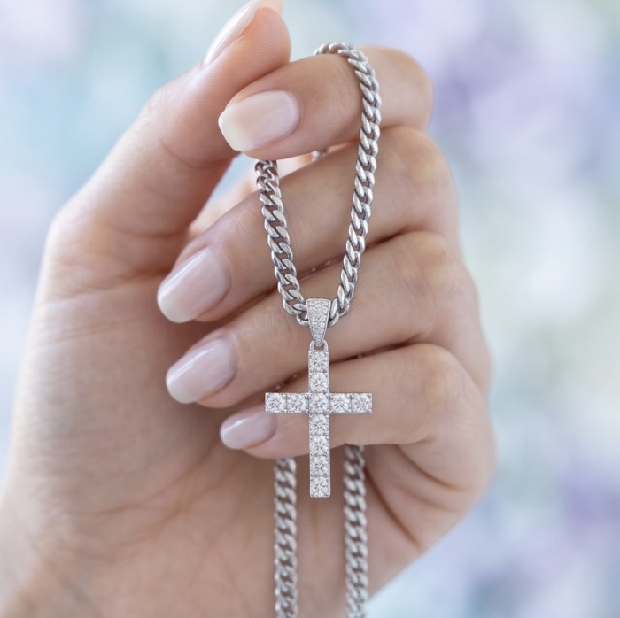Precious White Cross Genuine 14K White Gold over .925 Sterling Silver handmade necklace - Hand holding diamond cross necklace in close-up view
