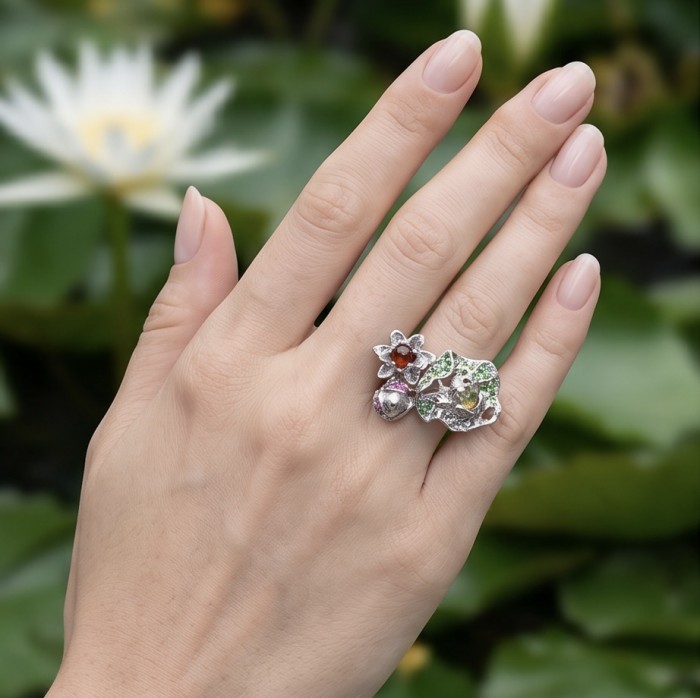 Flowers 10.2 carat natural Watermelon Tourmaline .925 Sterling Silver dipped in rhodium Perfectly handcrafted Ring s. 8 1/4 - Ring with floral design and gemstones worn on hand.
