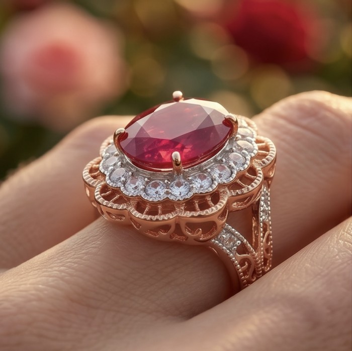 Blooming Rose Natural 18.8 carat Mozambique Ruby 22 Rose Gold .925 Sterling Silver handmade Statement Ring size 5 1/4 - Ruby ring worn on hand, close-up showing intricate details.