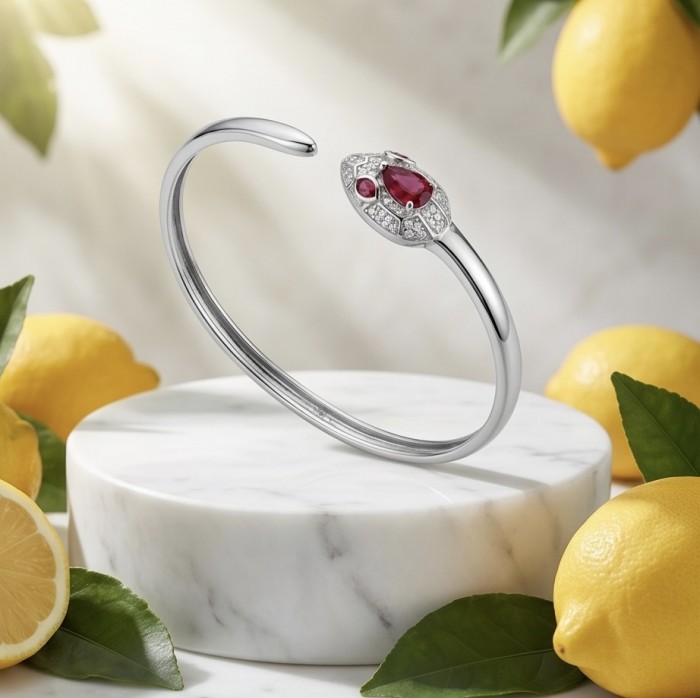 Precious Boa Snake Genuine 0.7 carat Garnet .925 Sterling Silver dipped rhodium handcrafted Bracelet - Side view of Precious Boa Snake Garnet Sterling Silver Bracelet