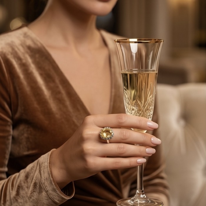 Summer Friday 14.8 carat Genuine Lemon Quartz .925 Sterling Silver handcrafted ring size 9 1/2 - Lemon Quartz ring worn on hand holding a crystal champagne flute