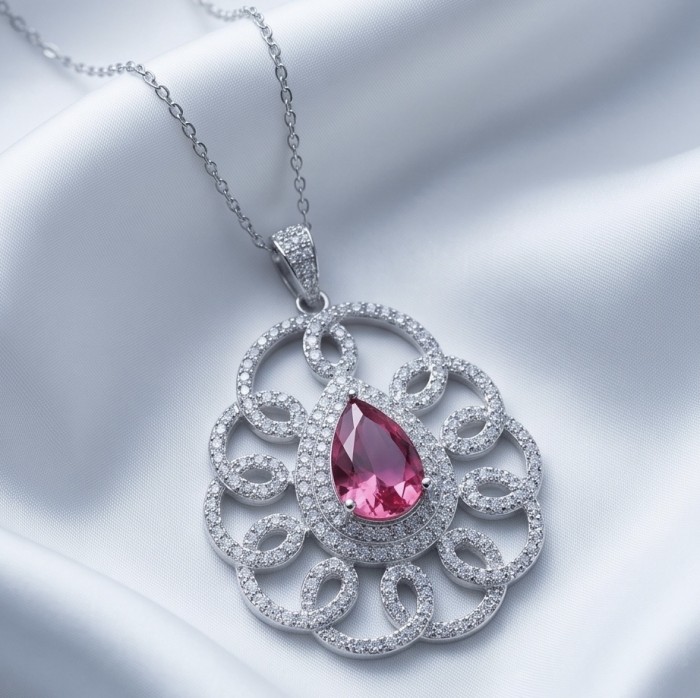 Izabella Luxurious natural 3.9 carat Ruby .925 Sterling Silver handmade necklace - Elegant ruby pendant with intricate design on silky background