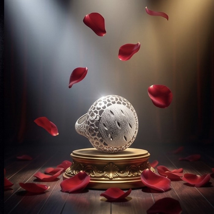 Casablanca - authentic .925 Sterling Silver brilliantly handcrafted ring s. 7 - Ornate silver ring on pedestal with floating red petals, side view.
