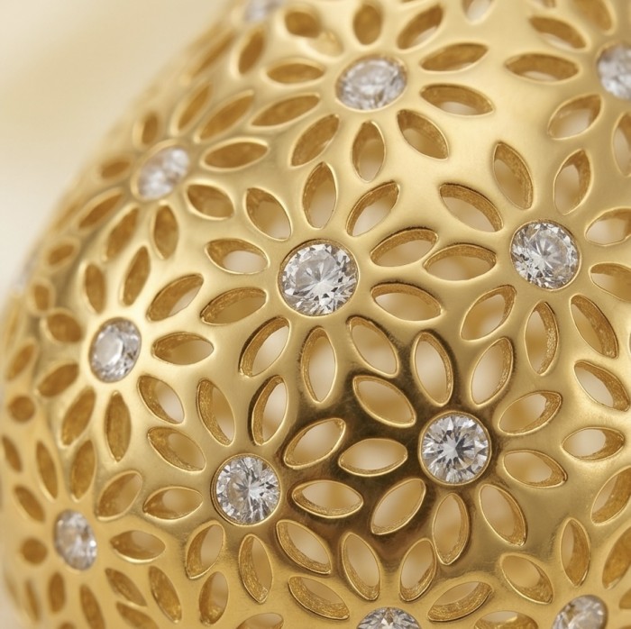 Dubai Style - Golden fancy Drops .925 Sterling Silver dipped in 22K Gold handmade Earrings - Close-up of gold filigree design with embedded stones.
