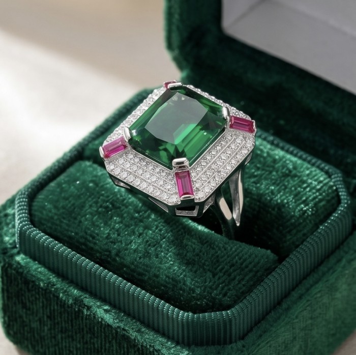 Art Deco 16.6 ctw Emerald .925 Sterling Silver handcrafted Statement Ring size 8 - Emerald ring close-up in an open green velvet box.