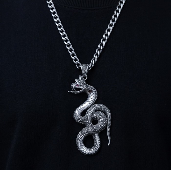Large 2 5/8 inches long Cobra Snake genuine Marcasite .925 Sterling Silver handmade Pendant - Cobra snake pendant necklace worn on a dark shirt.
