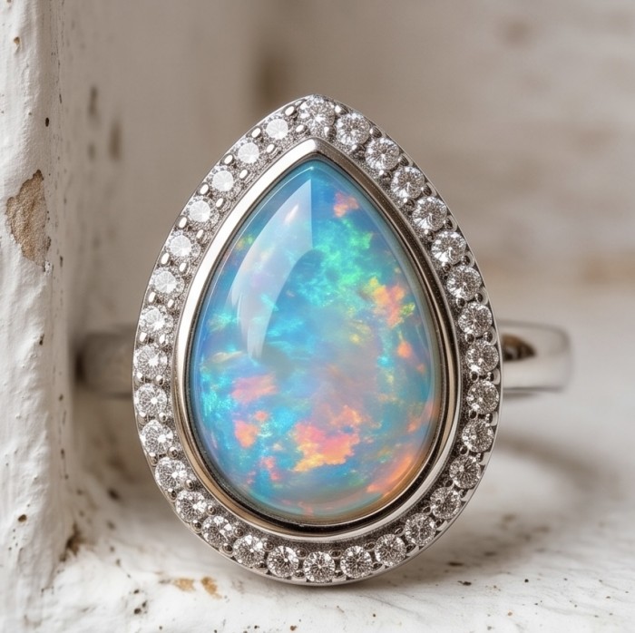 Endless Ocean Genuine 17.5 carat doublet Australian Opal .925 Sterling Silver handmade Ring size 8 - Teardrop opal ring with diamond halo, stone close-up.