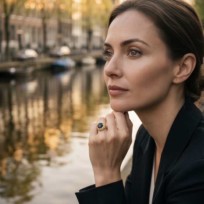 Milky way Genuine 22.2 carat Black Opal 18K Gold over .925 Sterling Silver handmade Ring size 9 - Black Opal ring in 18K gold, side view, worn on hand by canal.