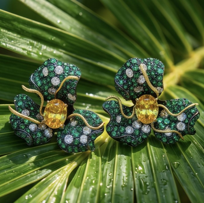 Exotica - rare art - authentic 4.9 carat Brazilian Citrine 9.2 carat Colombian Emerald 2 tones .925 Sterling Silver dipped in black rhodium handcrafted earrings - Orchid-shaped earrings with citrine and green gems on palm leaves.