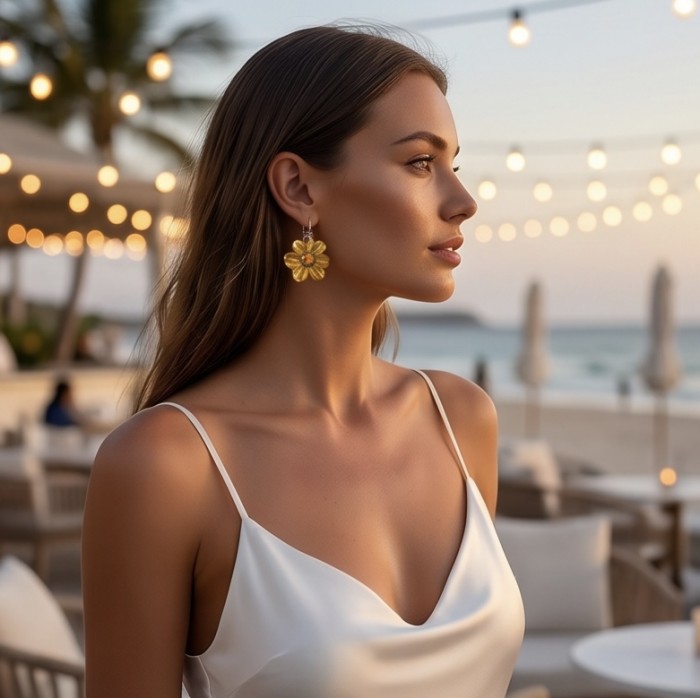 Summer Flowers Wonderful natural Baltic Amber .925 Sterling Silver entirely handcrafted earrings - Side view of woman wearing Summer Flowers Baltic Amber earrings.
