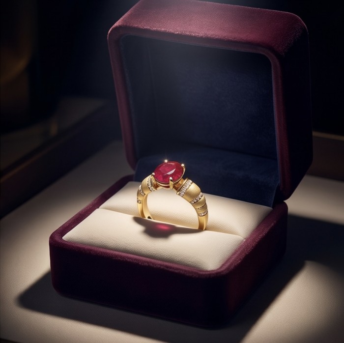 Born to Glam authentic 4.2 carat Ruby 22K Gold over .925 Silver handcrafted Ring s. 9 - Ruby gold ring in a velvet box, top view.