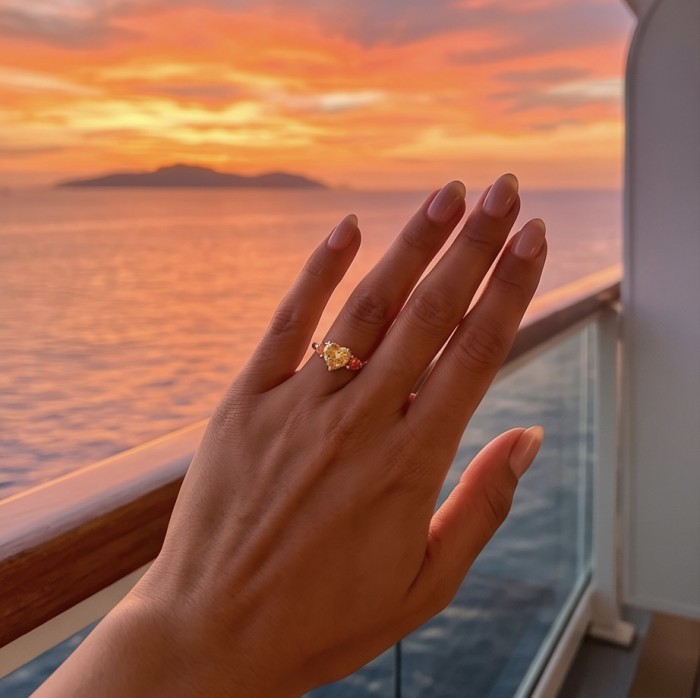 4.2 carat Brazilian Citrine .925 Sterling Silver handcrafted ring; s. 8 3/4 - 4.2 carat Brazilian Citrine ring worn on hand at sunset, ocean in background