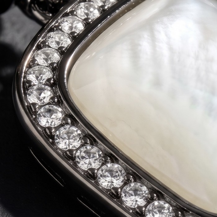 Top quality Sublime Blister Pearl black rhodium over .925 Sterling Silver handcrafted Earrings - Close-up of diamond and pearl jewelry with black rhodium setting