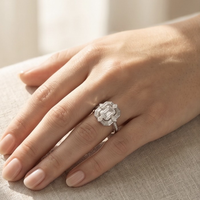 Art Deco 8.6 ctw White TOPAZ .925 Sterling Silver handcrafted Statement Ring size 8 - Art Deco White Topaz ring on hand, sterling silver, top view.