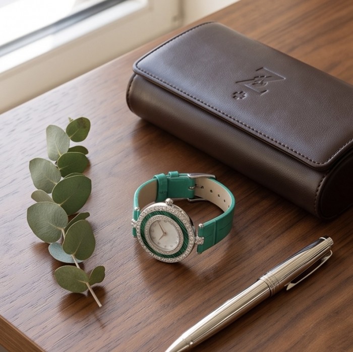 Precious 18.5 carat Authentic INLAY Malachite Genuine Leather strap .925 Sterling Silver handmade Watch - Elegant watch on table with leather case and pen, top view.