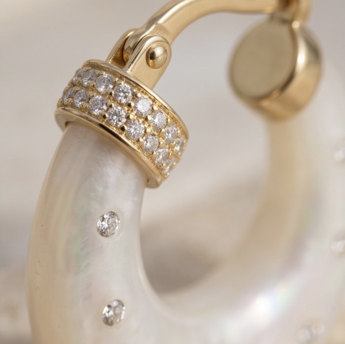 Sublime rainbow Blister Pearl 0.4 carat lab. diamond 18K Gold over .925 Sterling Silver handcrafted Earrings - Close-up of a Sublime Rainbow Blister Pearl earring with diamonds.