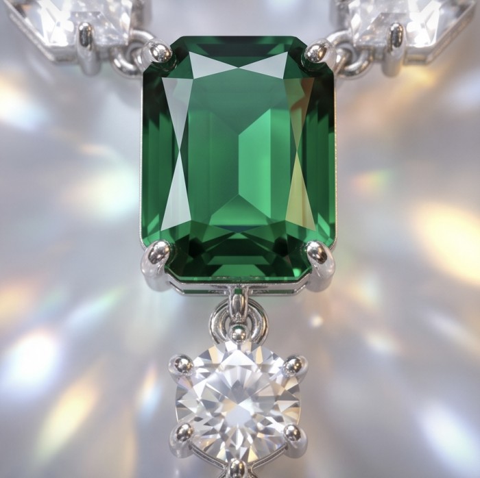 Giovanna- Authentic 7.5 CARAT natural Colombian Emerald .925 Sterling Silver handcrafted necklace - Close-up of emerald pendant with diamond accents.
