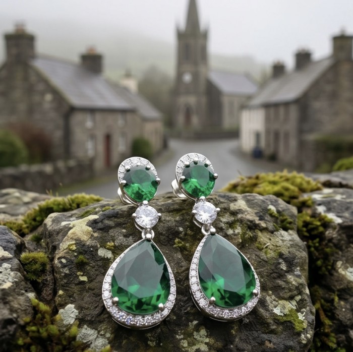 Tiffany - Authentic 15.5 CARAT Siberian Chrome Diopside rhodium over .925 Sterling Silver handcrafted earrings - Close-up of emerald and diamond earrings on mossy stones.